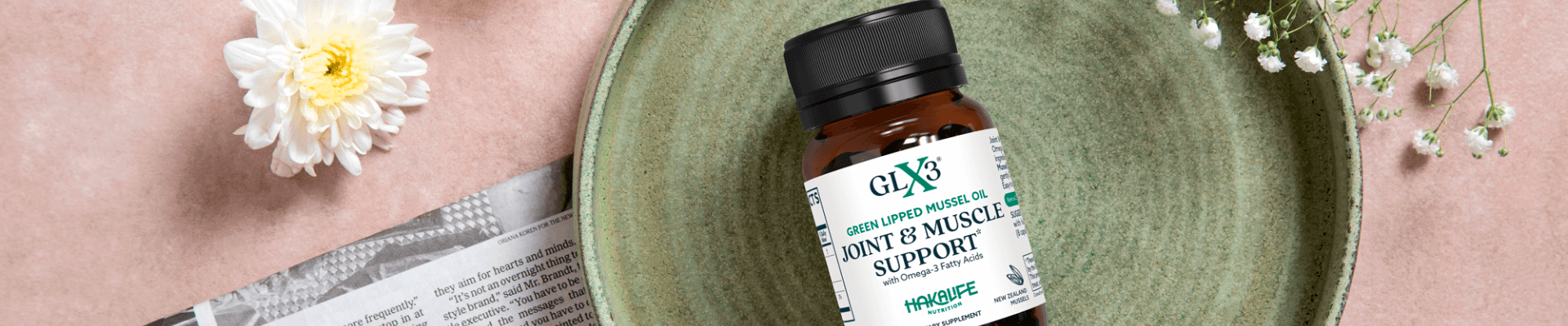 A bottle of GLX3 Joint & Muscle Support supplement, highlighting its nutritious GLX3 ingredients