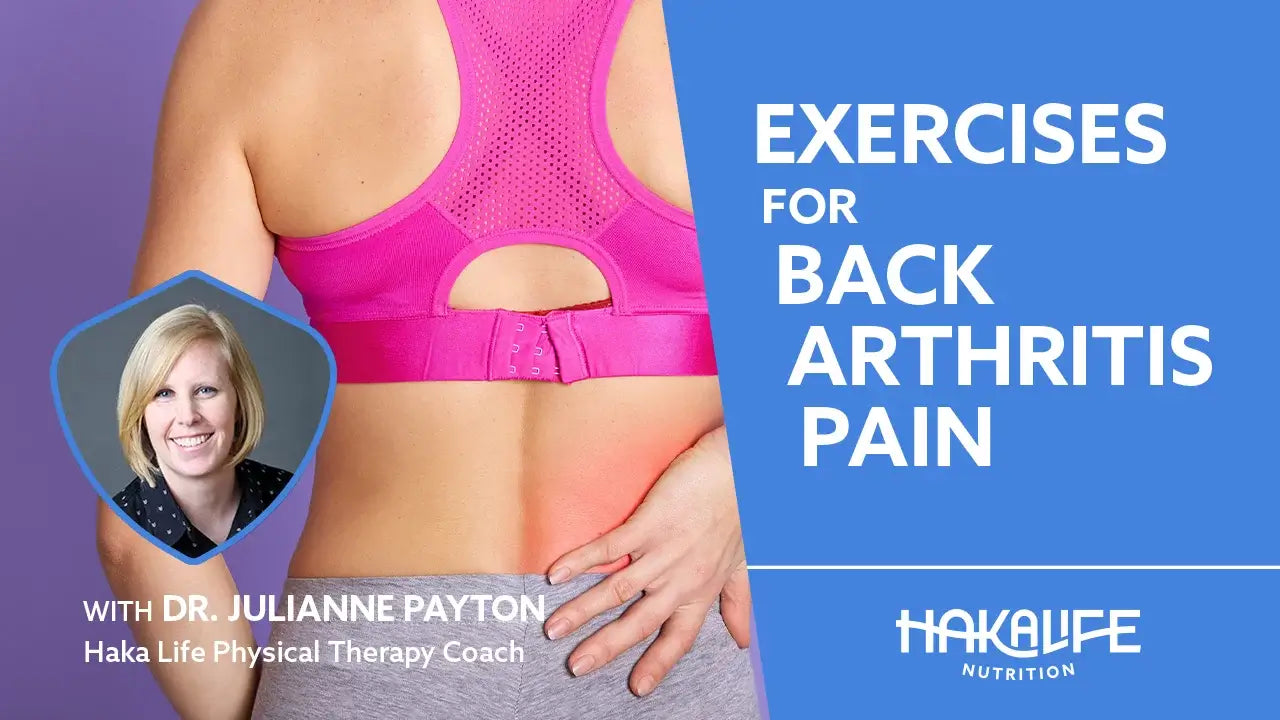 A person in a pink sports bra is holding their lower back, which is highlighted in red to indicate pain.