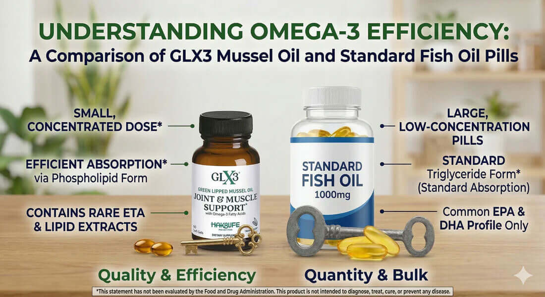 A comparison of GLX3 mussel oil benefits and standard fish oil pills highlighting efficiency and absorption.