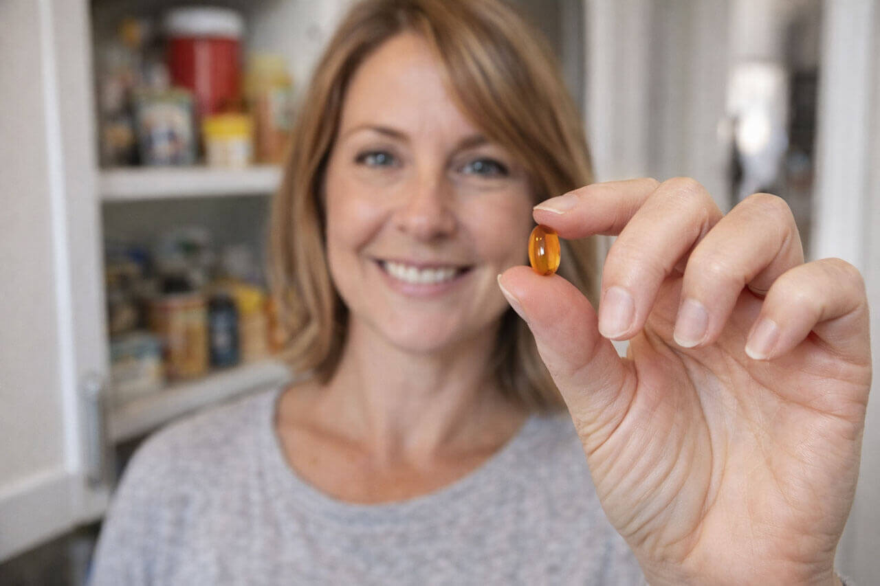 How Many Woman holding a soft-gel capsule, asking how many should I take? What's the correct dosage?