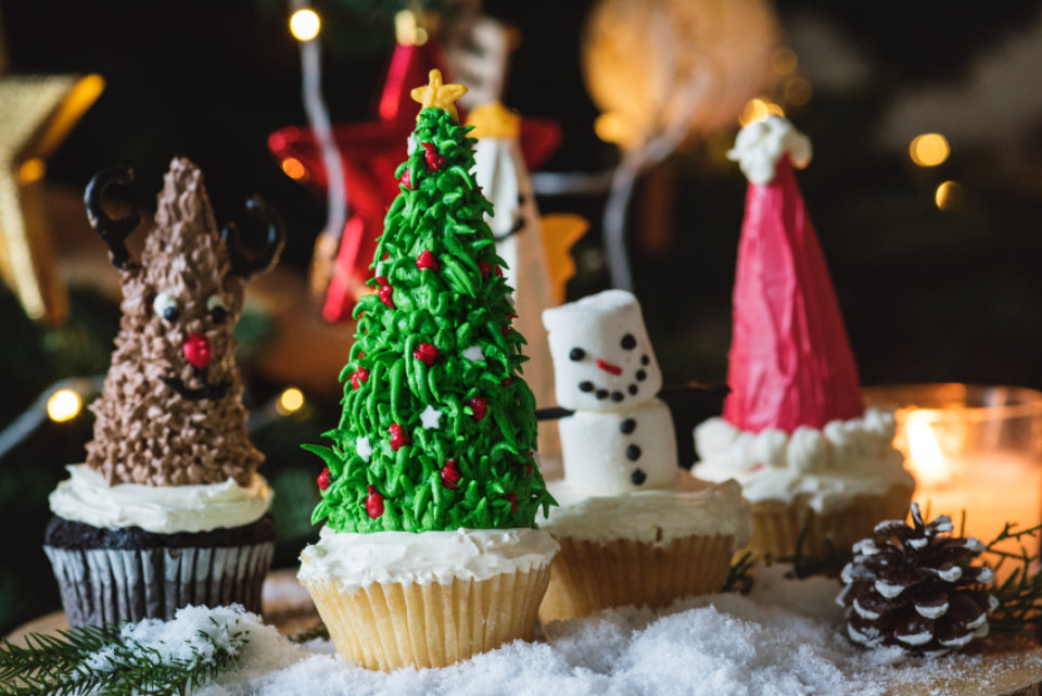 Festive cupcakes decorated for the holiday season.