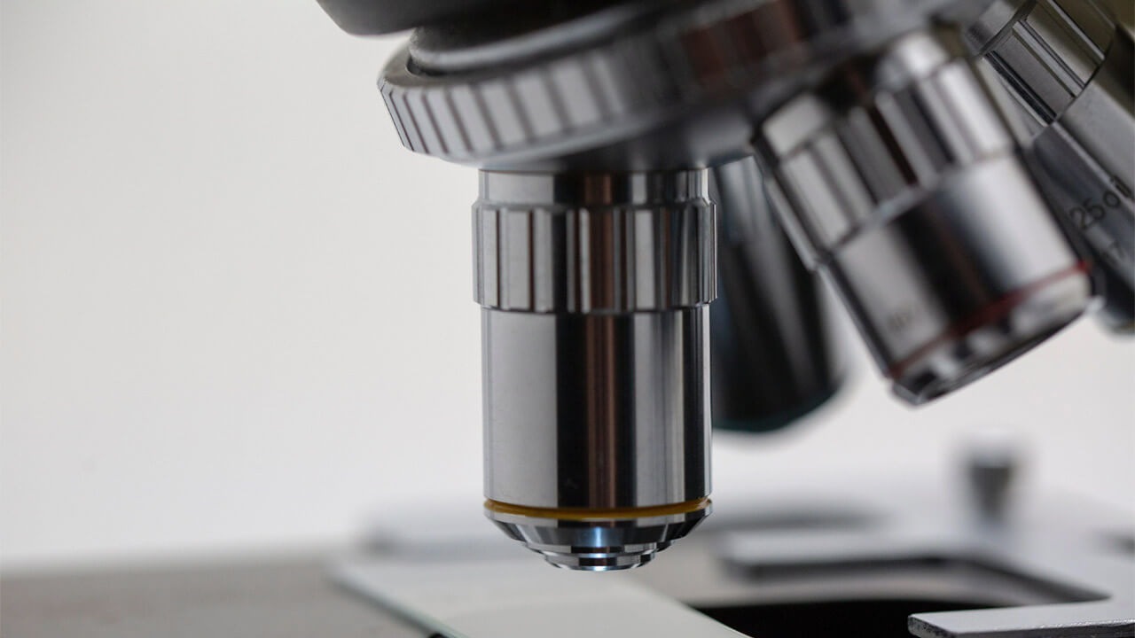 Close-up image of the objective lenses of a microscope.