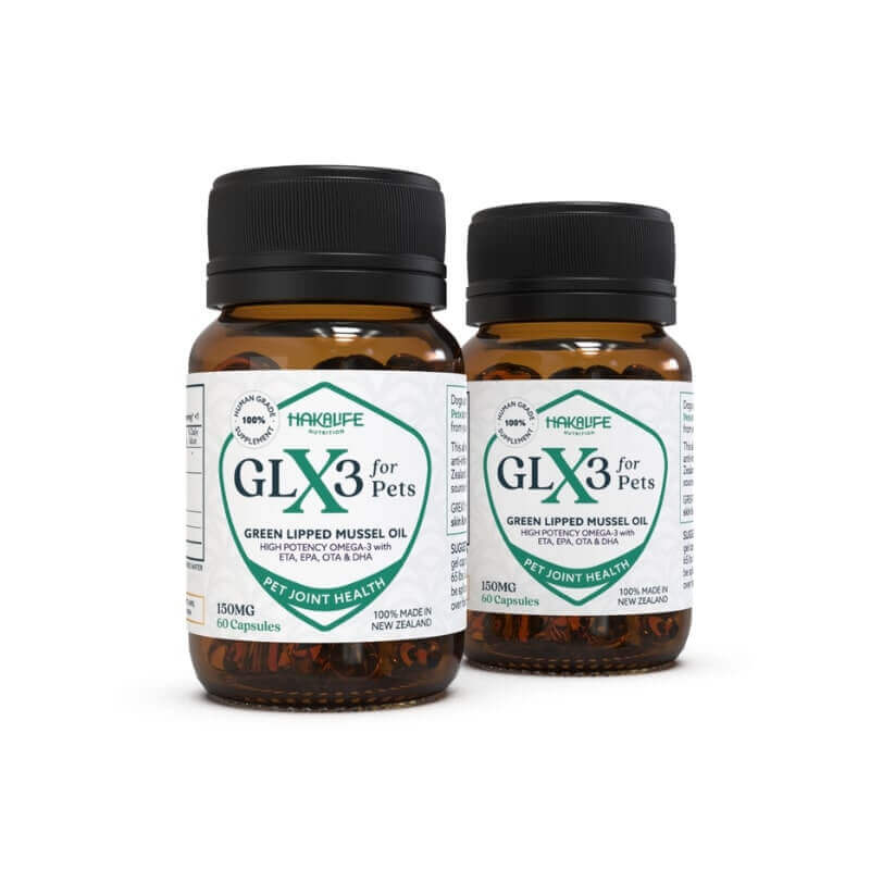 GLX3 Mussel Oil For Dogs - Pet Safe Hip & Joint Support* bottles with Green Lipped Mussel Oil supplement.