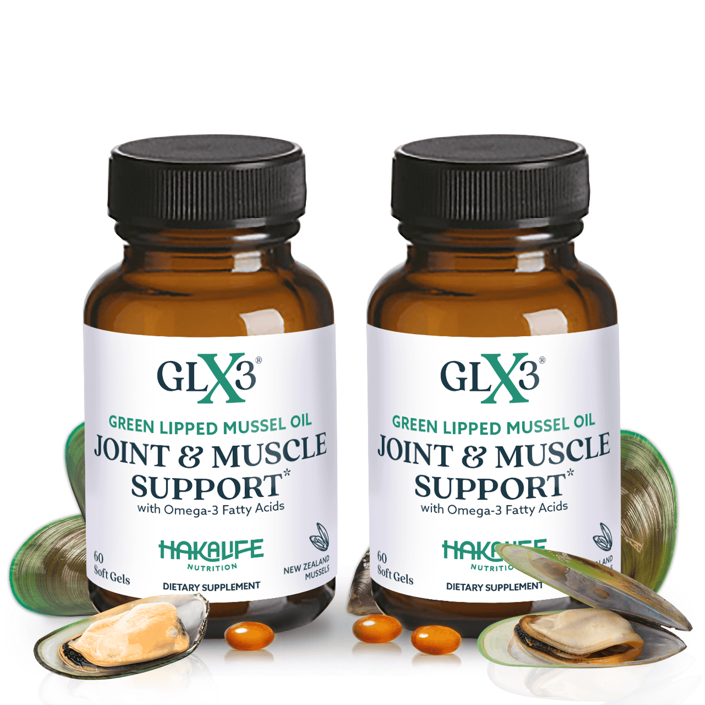 GLX3 Buy One Get One FREE (2 Bottles - 2 Month Supply) featuring Green Lipped Mussel Oil for joint and muscle support.