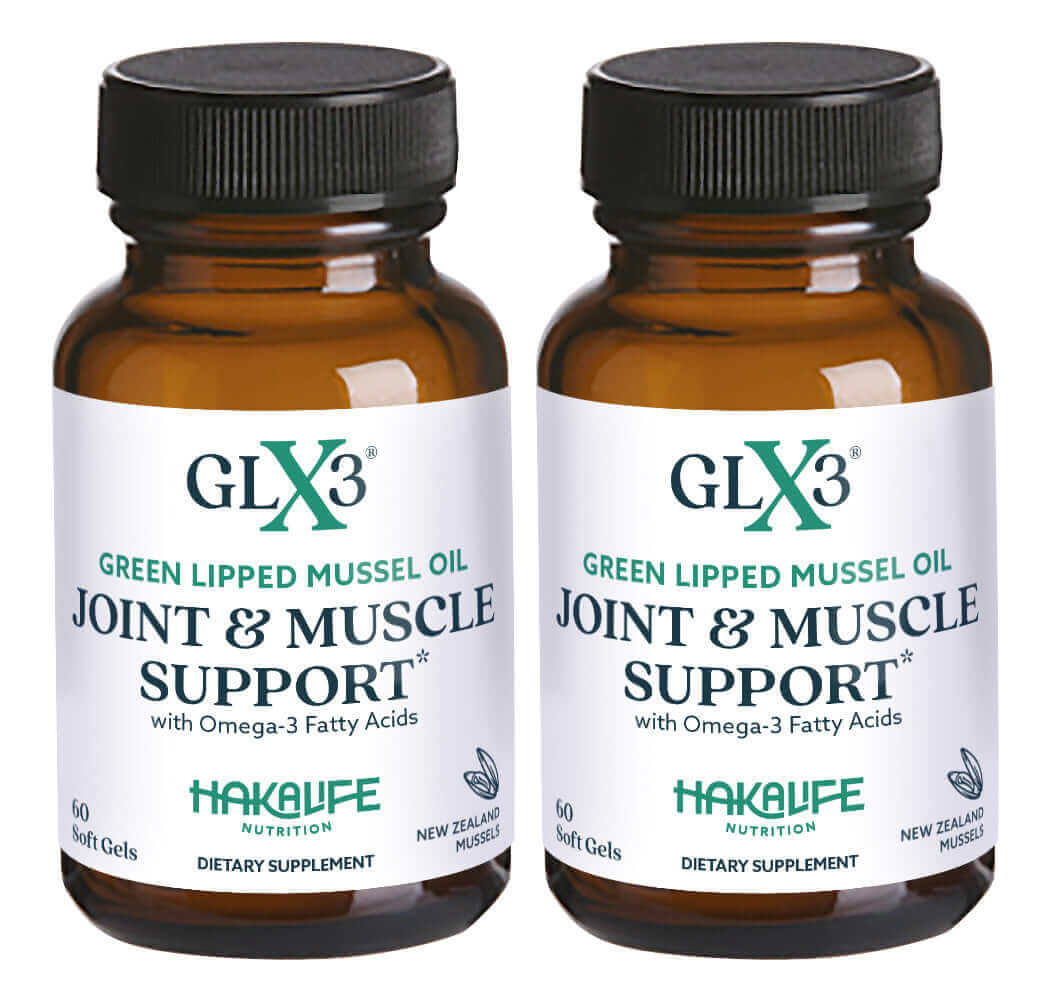 GLX3 - Extra Strength Green Lipped Mussel Oil in two bottles for joint and muscle support.