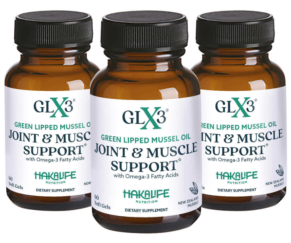 GLX3 - Extra Strength Green Lipped Mussel Oil bottles for joint and muscle support with sustainable New Zealand sourcing.