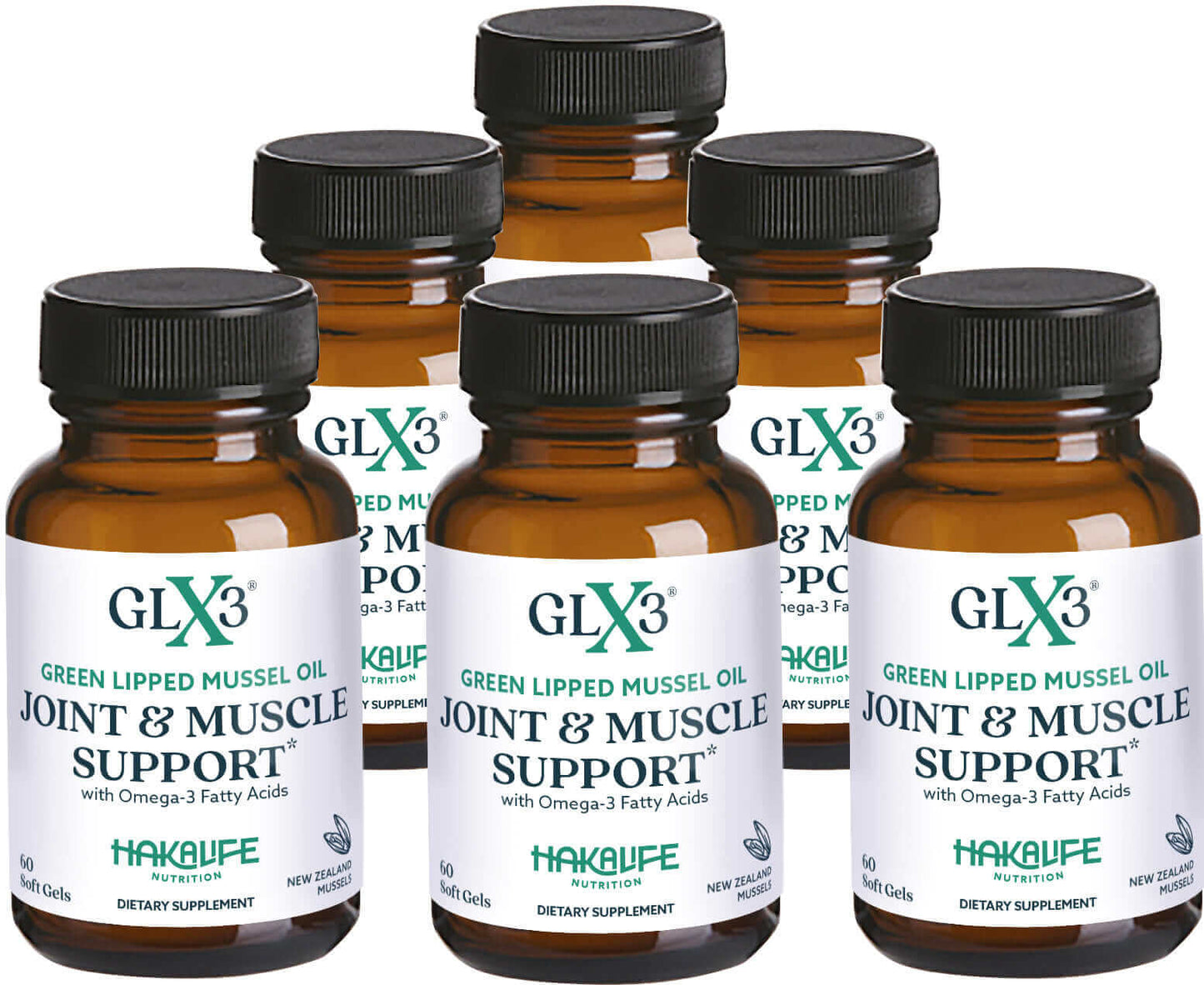 GLX3 - Extra Strength Green Lipped Mussel Oil (3 Months Off) bottles for joint support in a six-pack.