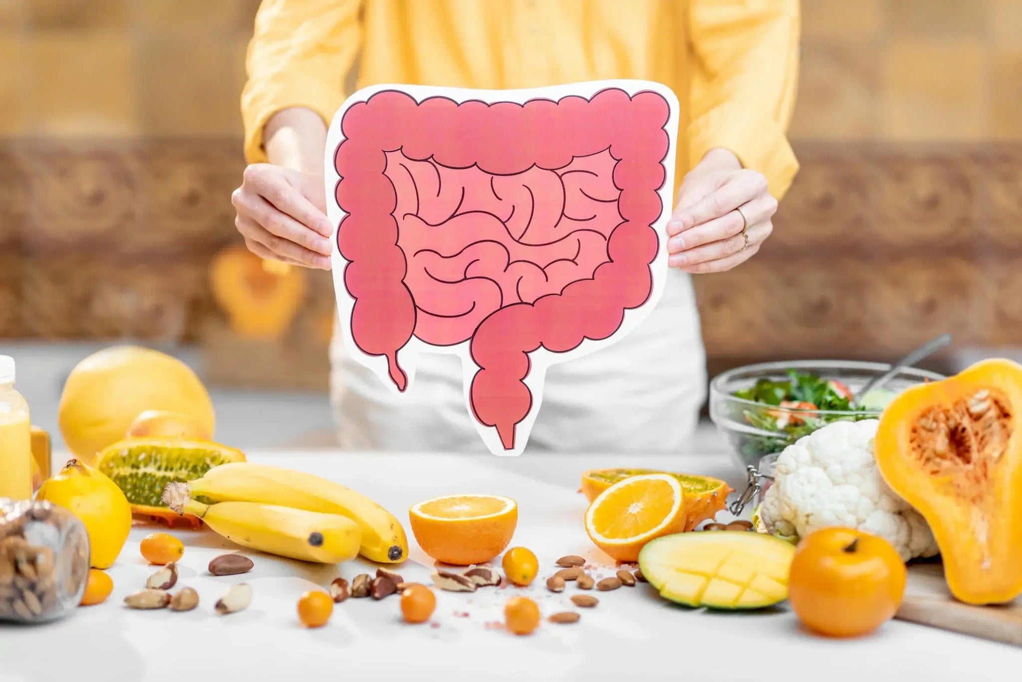 Person holding a large cutout diagram of intestines above a table with a variety of healthy foods, including bananas, oranges