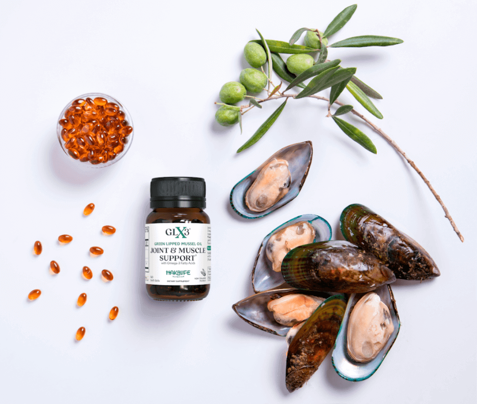 Will A bottle of GLX3 Joint & Muscle Support supplement is surrounded by green-lipped mussels,