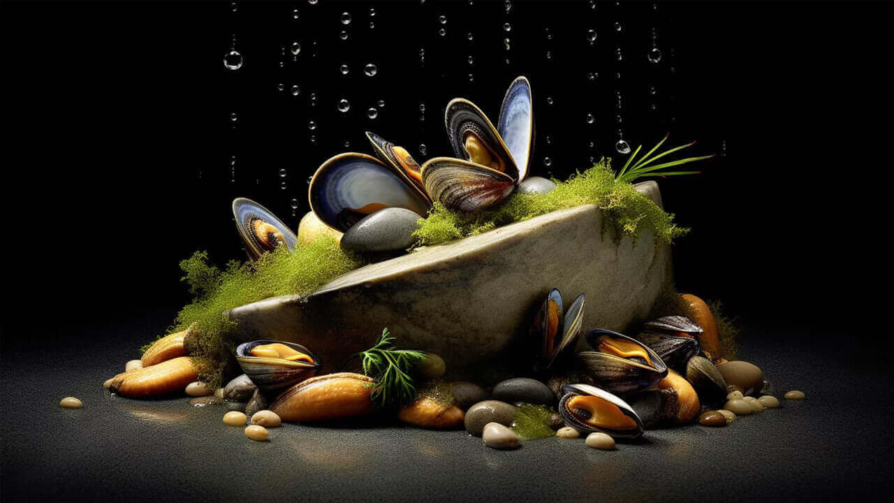 A display of green lipped mussels on a stone surface, emphasizing omega-3 sources comparison.