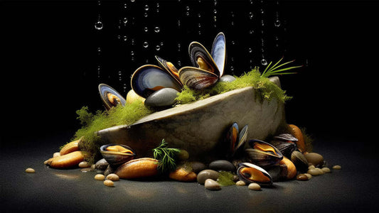 A display of green lipped mussels on a stone surface, emphasizing omega-3 sources comparison.