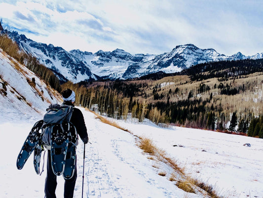 A person carrying snowshoes on their backpack walks along a snowy path