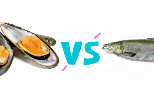 A side-by-side comparison image featuring two green-lipped mussels on the left and a whole fish on the right, with a large "VS" in blue text