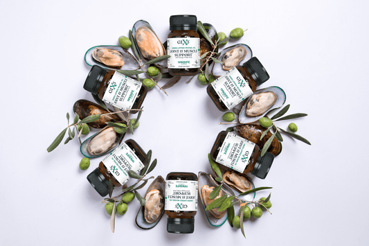 Three amber bottles of GLX3 Green Lipped Mussel Oil supplements on a natural background. A New Study