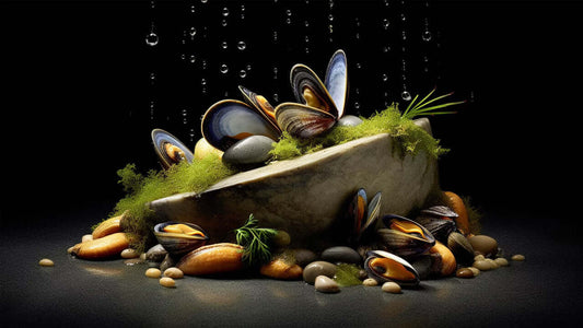 A beautifully arranged display of open mussels on a stone slab, surrounded by various colorful pebbles, green moss, and a few sprigs of herbs.