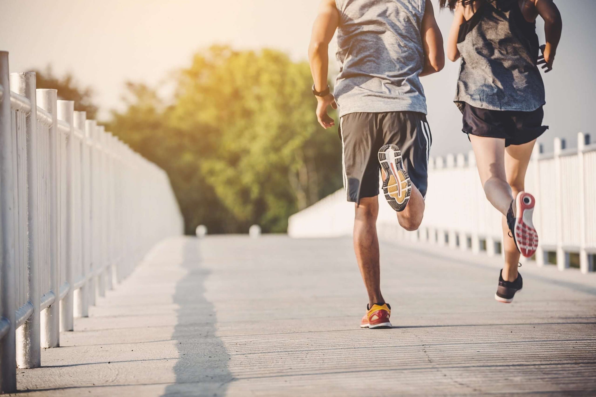 Two people are jogging on a paved path with white railings on both sides. Best supplements