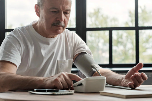 A man wearing a white t-shirt sits at a table by a large window, using a digital blood pressure monitor on his left arm.