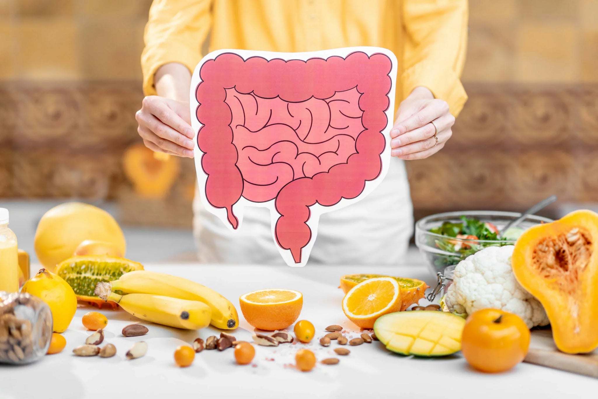 Person holding a large cutout diagram of intestines above a table with a variety of healthy foods, including bananas, oranges