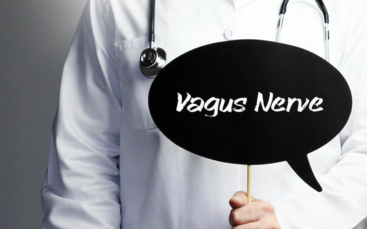 A person in a white lab coat, with a stethoscope draped around their neck, holds a black speech bubble sign with the words "Vagus Nerve"