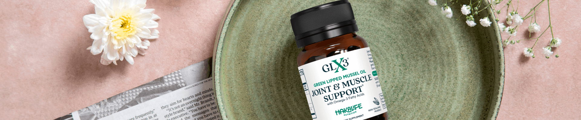 A bottle of GLX3 Joint & Muscle Support supplement, highlighting its nutritious GLX3 ingredients
