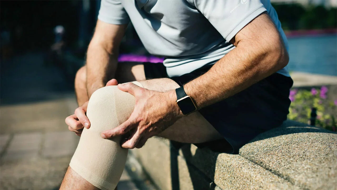 A person wearing a light blue shirt and black shorts is sitting on a stone bench outdoors, their knee wrapped in a beige compression bandage.