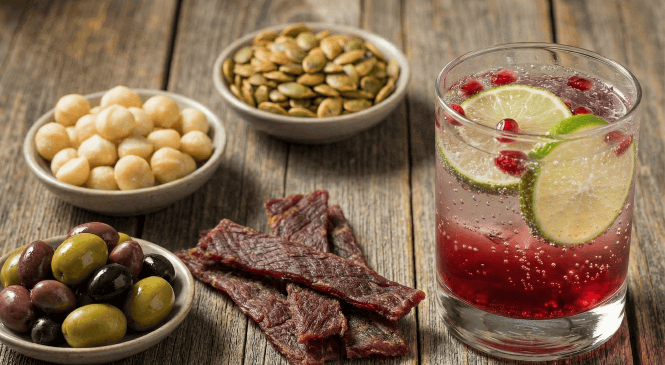 A colorful spread of snacks including olives, macadamia nuts, beef jerky, and a refreshing drink, promoting smart food swaps for healthy eating.
