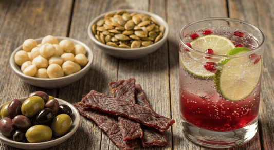 A colorful spread of snacks including olives, macadamia nuts, beef jerky, and a refreshing drink, promoting smart food swaps for healthy eating.