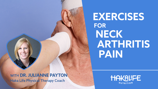 An older person, partially obscured, holds the back of their neck in apparent discomfort.