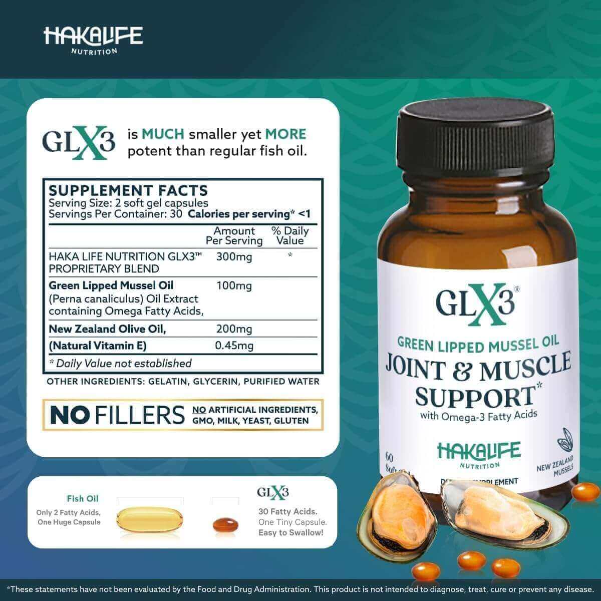 GLX3 - Extra Strength Green Lipped Mussel Oil (3 Months Off) supplement bottle and capsules for joint support.